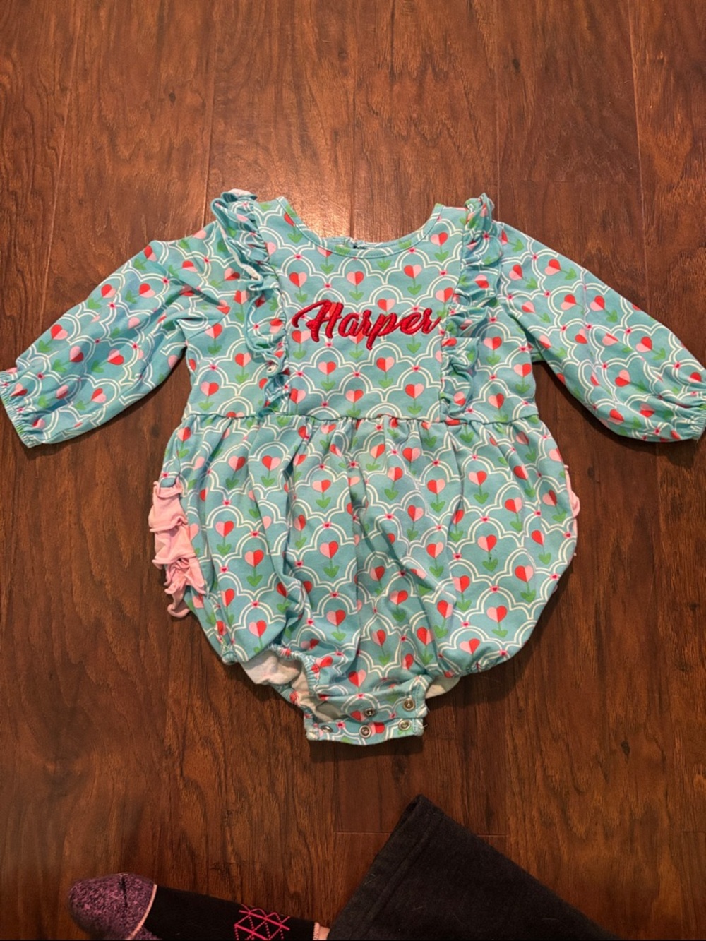 Ruffle Butts Teal and Pink Heart Print Ruffle One-Piece Bodysuit